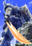  after_battle aoi_onion blue_sky cable captured color_variation commentary_request damaged earth_federation glowing_hot gouf gundam gundam_0083 highres mecha mecha_focus mobile_suit mobile_suit_gundam no_humans one-eyed radio_antenna redesign robot roundel scene_reference science_fiction shield shoulder_spikes sky spikes sword victory weapon zaku_ii zaku_ii_s zeon 