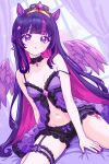  1girl absurdres alternate_skin_color angel_wings animal_ears arm_between_legs black_bloomers black_choker bloomers bow bow_bloomers breasts chemise choker collarbone commentary element_of_magic elements_of_harmony finn_flint frilled_choker frilled_thigh_strap frills garter_straps highres horse_ears indoors light_blush long_hair looking_at_viewer multicolored_hair my_little_pony my_little_pony:_equestria_girls my_little_pony:_friendship_is_magic navel on_bed parted_lips purple_chemise purple_eyes purple_hair purple_wings single_garter_strap sitting small_breasts solo sparkle_hair_ornament stomach streaked_hair thigh_strap twilight_sparkle twilight_sparkle_(human) very_long_hair wariza window wings 