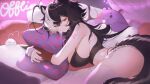  1girl absurdres ahoge ass black_hair black_nails breasts commentary detached_sleeves english_commentary hair_between_eyes half-closed_eyes highres indie_virtual_youtuber large_breasts long_hair lying momote_(vtuber) multicolored_hair on_side panties pillow red_eyes red_panties shorts sideboob skunk_ears skunk_girl skunk_tail star_(symbol) thick_thighs thighhighs thighs two-tone_hair underwear virtual_youtuber white_hair white_thighhighs yoimon 