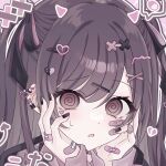  1girl @_@ aegyo_sal bandaid bandaid_on_cheek bandaid_on_face bandaid_on_finger bandaid_on_hand black_bow black_nails blush bow brown_eyes brown_hair brown_hoodie brown_tail brown_theme close-up cocked_eyebrow commentary_request demon_horns demon_tail drawn_horns drawn_tail ear_piercing eyes_visible_through_hair facial_mark hair_between_eyes hair_ornament hands_on_own_cheeks hands_on_own_face hands_up heart heart_facial_mark heart_hair_ornament highres hood hood_down hoodie horns korean_commentary long_sleeves looking_at_viewer nail_polish outline pale_skin piercing pink_background pink_bow pink_horns plaid_clothes plaid_hoodie portrait project_sekai puffy_long_sleeves puffy_sleeves raised_eyebrow shinonome_ena simple_background solo sweatdrop swept_bangs tail touyu_1210 two-tone_bow two_side_up white_outline x_hair_ornament 