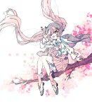  1girl :d arm_up bow bowtie brown_cape cape cherry_hair_ornament commentary_request dot_nose double-parted_bangs floating_hair food-themed_hair_ornament full_body grey_hat hair_between_eyes hair_floating_upwards hair_ornament hat hatsune_miku hazime highres long_hair long_sleeves miniskirt on_branch open_mouth pink_hair pink_skirt pleated_skirt red_eyes sakura_miku sakura_miku_(rella) shirt shoes simple_background sitting skirt smile solo twintails twitter_username vocaloid watermark white_background white_bow white_bowtie white_shirt white_shoes 