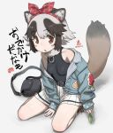  1girl animal_ears bag bare_shoulders belt black_hair brown_eyes commentary_request extra_ears full_body grey_background grey_hair highres ito_yoki jacket kemono_friends kemono_friends_3 leaf looking_at_viewer multicolored_hair raccoon_ears raccoon_girl raccoon_tail ribbon shirt shoes short_hair shoulder_bag simple_background skirt solo tail tanuki_(kemono_friends) two-tone_hair 