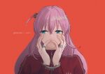  1girl absurdres black_jacket blue_eyes bocchi_the_rock! bracelet commentary_request gotoh_hitori gucci hair_between_eyes hands_on_own_face highres jacket jewelry long_sleeves multiple_rings one_side_up pink_hair ring saltyacurry simple_background solo track_jacket white_background 