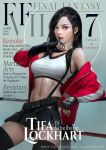  1girl bare_shoulders black_hair black_skirt breasts brown_eyes cover earrings elbow_gloves final_fantasy final_fantasy_vii final_fantasy_vii_remake fingerless_gloves gloves highres jacket jewelry large_breasts long_hair looking_at_viewer magazine_cover midriff miniskirt navel off_shoulder parted_lips pencil_skirt pleated_skirt raypier shirt skirt suspender_skirt suspenders tank_top taut_clothes taut_shirt thighhighs thighs tifa_lockhart toned 