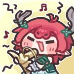  1girl :3 :d bare_shoulders blush_stickers chibi chibi_only ciaccona_(wuthering_waves) closed_eyes commentary_request double-parted_bangs dress green_dress grey_horns holding holding_trophy horns korean_commentary long_hair monyami musical_note open_mouth outline pointy_ears red_hair smile solo trophy upper_body white_outline wuthering_waves yellow_background 