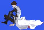  1boy black_pants black_shirt black_shoes blue_background blue_eyes brown_hair closed_mouth coat collared_coat highres kaiba_seto long_sleeves looking_to_the_side male_focus pants shirt shoes short_hair sideways_glance simple_background sitting solo waterygoban white_coat yu-gi-oh! yu-gi-oh!_duel_monsters 