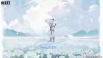  1girl absurdres armored_boots bandaged_leg bandages boots breasts cloud cloudy_sky day field flower flower_field goddess_of_victory:_nikke goggles goggles_on_head highres holding holding_flower large_breasts long_hair mechanical_arms mountainous_horizon navel official_art outdoors scar shorts sky snow_white_(heavy_arms)_(nikke) snow_white_(nikke) solo standing white_flower white_hair white_shorts yellow_eyes 