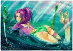  1girl ass backless_swimsuit butterfly_cutout feet_up green_one-piece_swimsuit highres looking_at_viewer lying marvel marvel_rivals official_alternate_costume on_stomach one-piece_swimsuit partially_submerged planted planted_sword psylocke psylocke_(breezy_butterfly) purple_hair rodrigo_yoshimiya scabbard sheath smile solo swimsuit sword the_pose water weapon wet x-men 