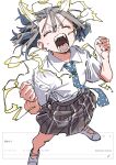  1girl absurdres aoki_ruri blue_necktie clenched_hands closed_eyes collared_shirt dragon_girl dragon_horns electricity electrokinesis facing_viewer fan_request fangs floating_hair grey_hair grey_shoes grey_skirt hair_between_eyes hands_up haruyuki_(gffewuoutgblubh) highres horns necktie odaibako open_mouth polka_dot_necktie powering_up request_inset ruridragon school_uniform screaming shirt shoes short_hair short_sleeves simple_background skirt solo standing striped_clothes striped_skirt sweat translated vertical-striped_clothes vertical-striped_skirt white_background white_horns white_shirt 