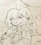  2girls ? bare_shoulders cheek-to-cheek commentary_request fam_(grimms_notes) fam_(original)_(grimms_notes) grimms_notes hair_between_eyes hand_up hat heads_together heart heart_hands heart_hands_duo long_sleeves looking_at_viewer monochrome multiple_girls one_eye_closed puffy_long_sleeves puffy_sleeves reina_(grimms_notes) reina_(original)_(grimms_notes) shino_(5no) simple_background sketch spoken_question_mark sweat traditional_media v-shaped_eyebrows wide_sleeves witch_hat 