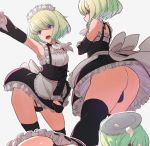  1boy alternate_costume apron ass black_panties cravat crossdressing dress enmaided frills green_hair kyantama_land lio_fotia maid maid_apron maid_headdress male_focus open_mouth panties penis_in_panties promare puffy_sleeves purple_eyes underwear waist_apron 