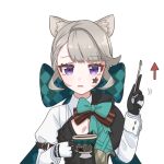  1girl animal_ear_fluff animal_ears aqua_bow arrow_(symbol) bad_id bad_twitter_id black_gloves blunt_bangs bow brown_bow cat_ears cat_girl chest_bow cleavage_cutout clothing_cutout commentary_request facial_mark genshin_impact gloves grey_hair hands_up holding holding_spoon long_sleeves looking_at_viewer lynette_(genshin_impact) multicolored_gloves open_mouth parted_bangs pointing pointing_up purple_eyes shrug_(clothing) simple_background solo spoon star_(symbol) star_facial_mark straight-on temtem_onigiri two-tone_gloves upper_body white_background white_gloves white_shrug 