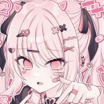  1other @_@ aegyo_sal akiyama_mizuki bandaid bandaid_on_finger bandaid_on_hand black_bow black_nails blush bow close-up commentary_request demon_horns demon_tail drawn_horns drawn_tail ear_piercing eyes_visible_through_hair hair_between_eyes hair_ornament hands_up heart heart_hair_ornament highres holding holding_phone horns index_finger_raised korean_commentary looking_at_viewer nail_polish open_mouth other_focus outline pale_skin phone piercing pink_background pink_bow pink_eyes pink_hair pink_horns pink_tail pink_theme pointing pointing_down portrait project_sekai raised_inner_eyebrows sidelocks simple_background solo swept_bangs tail tongue touyu_1210 twintails two-tone_bow white_outline x_hair_ornament 