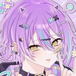  +++ 1boy :p @_@ \||/ aegyo_sal asymmetrical_bangs asymmetrical_sidelocks bandaid bandaid_on_cheek bandaid_on_face bandaid_on_finger bandaid_on_hand black_collar blue_hair blush broken_heart broken_heart_hair_ornament close-up closed_mouth collar commentary_request demon_horns demon_tail double-parted_bangs drawn_horns drawn_tail ear_piercing earrings eyes_visible_through_hair hair_between_eyes hair_ornament hand_up heart heart_hair_ornament highres hood hood_down hoodie horns jewelry kamishiro_rui korean_commentary looking_at_viewer male_focus multicolored_hair nail_polish outline pale_skin piercing pink_horns plaid_clothes plaid_hoodie portrait project_sekai purple_background purple_hair purple_hoodie purple_horns purple_tail purple_theme raised_inner_eyebrows short_hair sidelocks simple_background solo speech_bubble streaked_hair stud_earrings tail tongue tongue_out touyu_1210 two-tone_hair white_outline x_hair_ornament yellow_eyes 