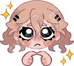  1girl :< black_eyes blonde_hair blush emoji english_text hair_between_eyes index_fingers_together looking_at_viewer macy_(seraphim_slum) pleading_face_emoji portrait seraphim_slum solo sparkle umber1880 watermark wavy_hair 