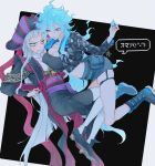  2girls anger_vein angry arched_back asymmetrical_docking bags_under_eyes belt belt_boots belt_pouch black_background black_belt black_boots black_eyes black_hat black_jacket black_robe black_shoes black_shorts black_tube_top blue_eyeshadow blue_hair blue_lips blue_skirt blunt_ends blush boots breast_press breasts candy cleavage clenched_hand clenched_teeth collarbone commentary constricted_pupils cropped_jacket eyeshadow film_grain flat_chest floating food full_body furrowed_brow garter_straps genderswap genderswap_(mtf) glaring grey_background hair_between_eyes hand_up hat high_collar highres holding holding_candy holding_food holding_lollipop idia_shroud ignihyde_dorm_uniform jacket khr knee_boots knees_together_feet_apart large_breasts leg_between_thighs lollipop long_hair long_sleeves looking_down makeup midriff miniskirt multicolored_hat multiple_girls navel open_clothes open_jacket outline pale_skin pantyhose parted_lips peanut_mouth pencil_skirt pouch puffy_long_sleeves puffy_sleeves purple_hat purple_sash robe rollo_flamme sash shiny_skin shoes short_bangs shorts sideways_glance signature simple_background single_garter_strap skindentation skirt speech_bubble spoken_expression strapless teeth thigh_strap translated tricorne tube_top twisted_wonderland two-sided_fabric two-sided_jacket v-shaped_eyebrows very_long_hair waist_sash wavy_hair white_hair white_outline white_pantyhose yellow_eyes 