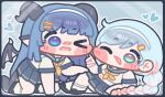  >_o 2girls black_border blue_eyes blue_hair border braid cheek-to-cheek chibi chibi_only commentary_request hairband heads_together heart highres horns index_finger_raised kneeling korean_commentary midriff monyami multiple_girls naia_(trickcal) neckerchief one_eye_closed open_mouth pleated_skirt pointy_ears sailor_collar shirt silphir_(trickcal) sitting skirt trickcal white_hairband white_shirt wings yellow_neckerchief 