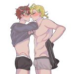  2boys :o abs after_kiss alternate_costume aqua_streaks ass bad_id bad_tumblr_id bags_under_eyes black_male_underwear black_shirt blonde_hair blush bulge closed_eyes clothes_lift cowboy_shot crying crying_with_eyes_open curtained_hair ear_blush face-to-face fingernails from_side furrowed_brow green_streaks grey_male_underwear grey_shirt groin hair_behind_ear hair_between_eyes hair_ornament hairclip hand_on_own_back hypnosis_mic izanami_hifumi jitome kannonzaka_doppo long_sleeves looking_ahead looking_at_another looking_to_the_side low_ponytail male_focus male_underwear multicolored_hair multiple_boys navel no_nipples pale_skin piercing_hole ponytail profile red_hair saliva shirt shirt_lift short_hair short_ponytail simple_background streaked_hair tears tn9k toned toned_male underwear undressing wavy_hair white_background yaoi 