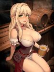  1girl arm_support beer_keg belt_pouch blonde_hair breasts chair choker cleavage commentary detached_sleeves elf english_commentary green_eyes indoors large_breasts long_hair original pointy_ears pouch puffy_detached_sleeves puffy_sleeves red_choker ronindude sitting solo table thighs 