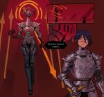  2girls absurdres alternate_costume armor black_eyes blue_hair breastplate commentary covered_face crest elster_(signalis) english_commentary falke_(signalis) faulds full_armor gauntlets halo halo_behind_head helmet highres holding holding_polearm holding_sword holding_weapon humanization knight multiple_girls omnlet pauldrons polearm red_background scar scar_on_face scar_on_nose short_hair shoulder_armor signalis spear speech_bubble sword weapon 