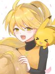  1girl :d absurdres black_shirt blonde_hair brown_hat commentary_request hair_between_eyes harutaharuto030 hat highres holding holding_unworn_clothes holding_unworn_hat long_hair long_sleeves looking_at_viewer on_shoulder open_mouth petals pikachu pokemon pokemon_(creature) pokemon_adventures pokemon_on_shoulder shirt smile sun_hat teeth tunic twitter_username unworn_hat unworn_headwear upper_body upper_teeth_only very_long_hair white_background yellow_(pokemon) yellow_eyes yellow_tunic 