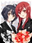  22/7 2girls :d artist_name black_flower black_hair black_jacket black_rose border bouquet collared_shirt crossed_bangs flower hair_between_eyes highres holding holding_bouquet jacket long_hair long_sleeves looking_at_viewer multiple_girls nanairo_(nanairo227) open_mouth outside_border parted_lips pink_flower pink_rose red_eyes red_flower red_hair red_rose rose sato_reika shirt short_hair sidelocks smile takigawa_miu upper_body white_border white_flower white_rose white_shirt 
