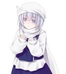  1girl :< cape closed_mouth commentary_request cropped_vest crote eyes_visible_through_hair hair_between_eyes hands_up hat lapel_pin large_variant_set letty_whiterock long_sleeves looking_at_viewer purple_eyes purple_hair purple_skirt purple_vest shirt short_hair skirt sleeves_past_wrists solo tachi-e teeth touhou transparent_background upper_body upper_teeth_only variant_set vest white_cape white_hat white_shirt 