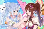  2girls blue_eyes blue_hair blush braid braided_bun breasts brown_eyes brown_hair choker commentary_request commission detached_collar detached_sleeves earrings eye_contact feeding flower_earrings food fruit hair_bun hairband heart heart_earrings highres holding holding_spoon ice_cream idolmaster idolmaster_million_live! idolmaster_million_live!_theater_days ima_(lm_ew) jewelry long_hair looking_at_another multiple_girls one_eye_closed open_mouth outline ponytail puffy_detached_sleeves puffy_short_sleeves puffy_sleeves second-party_source shiraishi_tsumugi short_sleeves single_side_bun skeb_commission spoon strawberry strawberry_slice tanaka_kotoha translation_request white_outline 