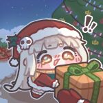  ! !! 1girl box chibi chibi_only christmas christmas_tree commentary_request full_body gift gift_box hat korean_commentary long_hair mittens monyami night open_mouth outdoors red_mittens santa_costume santa_hat snow solo speaki_(trickcal) trickcal yellow_eyes 