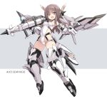  1girl :d alice_gear_aegis bangs blush breasts brown_eyes brown_hair commentary_request copyright_name covered_navel eyebrows_visible_through_hair full_body grey_background gun hair_between_eyes headgear highres holding holding_gun holding_weapon karukan_(monjya) leotard long_hair looking_at_viewer mecha_musume medium_breasts open_mouth smile solo two-tone_background weapon white_background white_leotard yotsuya_yumi 