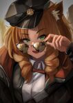  1girl absurdres adjusting_eyewear animal_ear_fluff animal_ears arknights beret black_hat black_jacket blonde_hair commentary drill_hair drill_sidelocks english_commentary green_eyes hand_on_eyewear hat highres jacket lavriell long_hair looking_at_viewer open_clothes open_jacket open_mouth shirt sidelocks simple_background smile solo sunglasses swire_(arknights) teeth tiger_ears tiger_girl upper_body upper_teeth_only white_shirt 