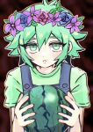  1boy :o amber09s antenna_hair bare_arms basil_(headspace)_(omori) basil_(omori) blue_flower blue_overalls blue_rose blush brown_background chromatic_aberration commentary double-parted_bangs film_grain flipped_hair flower flower_wreath food from_above fruit green_shirt hair_between_eyes hand_up head_wreath highres holding holding_food holding_fruit leaf looking_at_viewer male_focus omori open_mouth outline overalls pink_flower pink_rose purple_flower rose shirt short_hair short_sleeves simple_background solo straight-on t-shirt untranslatable_commentary upper_body watermelon white_outline 