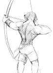  2019 ambiguous_gender armor arrow back_muscles bottomwear bow_(weapon) bracers canid canine canis clothed clothing domestic_dog foxhound hi_res hladilnik hunting_dog mammal monochrome muscular ranged_weapon rear_view scent_hound shorts sketch topless weapon 