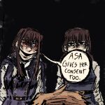  1boy 2girls alt_text black_cape black_dress black_hair blonde_hair cape chainsaw_man commentary crazy_smile demonhonho denji_(chainsaw_man) dress english_commentary english_text fourth_east_high_school_uniform highres mitaka_asa multiple_girls pinafore_dress red_eyes scar scar_on_cheek scar_on_face scar_on_nose school_uniform sleeveless sleeveless_dress smile yoru_(chainsaw_man) 