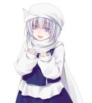  1girl :d cape commentary_request cropped_vest crote eyes_visible_through_hair hair_between_eyes hands_up hat lapel_pin large_variant_set letty_whiterock long_sleeves open_mouth purple_eyes purple_hair purple_skirt purple_vest shaded_face shirt short_hair skirt sleeves_past_wrists smile solo tachi-e teeth touhou transparent_background upper_body upper_teeth_only variant_set vest white_cape white_hat white_shirt 