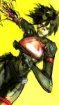  1girl amputee android black_hair blue_eyes cowboy_shot dutch_angle elster_(signalis) exposed_teeth gun highres holding holding_gun holding_weapon kyezzzz looking_at_viewer serious short_hair signalis simple_background solo teeth weapon yellow_background 