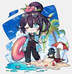  1other 2boys aqua_eyes ball barefoot beach beach_umbrella beachball black_hair black_shirt blue_shirt blush clock commentary_request dante_(limbus_company) dual_persona fire flower folded_ponytail food grin hair_flower hair_ornament heart heart-shaped_eyewear highres hong_lu_(project_moon) ice_cream ice_cream_float innertube k_corp._(identity)_(project_moon) limbus_company long_hair multiple_boys object_head one_eye_closed open_clothes open_shirt palm_tree pink_flower project_moon shiki_(shikki46) shirt smile starfish sunglasses swim_ring tingtang_gang_(identity)_(project_moon) tree umbrella 