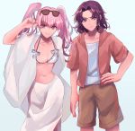  1boy 1girl bikini breasts cleavage closed_mouth erk_(fire_emblem) eyewear_on_head fire_emblem fire_emblem:_rekka_no_ken kabitakamaboko pink_hair purple_eyes purple_hair serra short_hair short_sleeves shorts simple_background smile sunglasses swimsuit twintails 