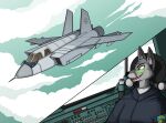 2025 air_force aircraft airplane anthro big_ears big_eyes biped black_eyebrows black_nose blue_jumpsuit canid canine close-up clothing cloud cloudy_sky cockpit contrail detailed_background digital_drawing_(artwork) digital_media_(artwork) dipstick_ears ear_markings earpiece eyebrows fangs flying fox fur fuse green_sky grey_body grey_fur grey_markings hachimakiyaki hi_res in_vehicle inside jet male mammal markings mig-31 military_clothing military_uniform military_vehicle morning multicolored_ears nintendo outside_view patch_(fabric) pushbutton red_fox red_tongue scouter seat shaded side_view silver_fox sitting sky snout solo star_fox teeth tongue true_fox uniform vehicle visor window yakov_lisakovich