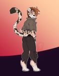  anthro clothed clothing felid feline hair hi_res looking_at_viewer looking_back male mammal simple_background smile solo standing tanks_(artist) 
