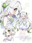  1girl absurdres alternate_costume alternate_hair_length alternate_hairstyle bare_shoulders barefoot blush closed_eyes closed_mouth collarbone commentary_request cross-shaped_pupils dress full_body genshin_impact gradient_hair green_eyes green_hair hair_between_eyes hair_ornament hairclip hands_up highres leaf_hair_ornament long_hair looking_at_viewer multicolored_hair multiple_views nahida_(genshin_impact) oishii_sasa open_mouth pointy_ears shadow short_hair sleeveless sleeveless_dress standing symbol-shaped_pupils twintails very_long_hair watermark white_background white_dress white_hair 