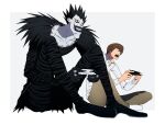 2boys black_hair black_lips border brown_hair brown_pants collared_shirt colored_sclera colored_skin controller death_note full_body furrowed_brow game_controller grey_background grey_skin hair_between_eyes highres holding holding_controller holding_game_controller hugging_own_legs indian_style male_focus multiple_boys open_mouth pants parted_lips popo92_z red_eyes ryuk sharp_teeth shinigami shirt short_hair sitting smile socks spiked_hair stitched_neck stitches striped_clothes striped_shirt teeth white_border white_shirt white_socks yagami_light yellow_sclera 