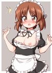  /\/\/\ 1girl alternate_costume apron bangs black_dress black_neckwear black_ribbon blush border breasts brown_eyes brown_hair commentary_request cowboy_shot detached_collar dress enmaided eyebrows_visible_through_hair frilled_apron frills girls_und_panzer grey_background hair_ribbon hands_up highres looking_at_viewer maid maid_apron maid_headdress medium_breasts neck_ribbon nipple_slip nipples nishizumi_miho nose_blush open_mouth outside_border petticoat puffy_short_sleeves puffy_sleeves ribbon short_dress short_hair short_sleeves simple_background solo standing suwa_yasai sweat translation_request waist_apron white_apron white_border 