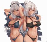  2girls absurdres arms_behind_head azur_lane bangs belfast_(azur_lane) bikini black_bikini blue_bikini blue_eyes blush braid breasts breathing chain choker cleavage collar collarbone cowboy_shot eyebrows_visible_through_hair eyewear_on_head folded_ponytail french_braid hair_between_eyes hands_up heart heart-shaped_eyewear highres large_breasts long_hair looking_at_viewer maid_headdress multiple_girls navel o-ring o-ring_top open_mouth parted_lips red_eyes short_hair silver_hair sirius_(azur_lane) sirius_(midsummer_seirios)_(azur_lane) smile sunglasses swimsuit tan toned white_hair yusha_(m-gata) 