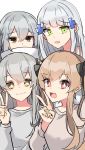  404_(girls_frontline) 4girls aogisa brown_eyes brown_hair commentary commentary_request eyebrows_visible_through_hair g11_(girls_frontline) girls_frontline green_eyes grey_hair hk416_(girls_frontline) multiple_girls no_scar pillow pillow_hug self_shot siblings silver_hair sisters smile twins ump45_(girls_frontline) ump9_(girls_frontline) v yellow_eyes 