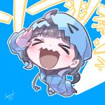  >_< 1girl absurdres black_hair blue_background blue_coat coat commentary_request cosplay deformed facing_viewer foreshortening full_body highres hood hood_up hooded_coat kirisaki_nuko open_mouth parerdemia_gakuen pokemon sakuraba_una salute signature simple_background solo translation_request wobbuffet wobbuffet_(cosplay) 