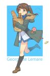  1girl bag baguette bangs black_legwear blue_background blue_bow blue_eyes blue_shirt blunt_bangs bow brave_witches bread breath brown_footwear brown_gloves brown_hair candy candy_bar character_name coat commentary croissant dress_shirt english_text fading food food_in_mouth fur-trimmed_coat fur_trim georgette_lemare gloves grey_coat grocery_bag hair_bow holding holding_bag hooded_coat jacket loafers lollipop long_sleeves looking_at_viewer medium_hair military military_uniform no_pants outside_border running shirt shoes shopping_bag socks solo totonii_(totogoya) twintails uniform white_jacket wing_collar world_witches_series 
