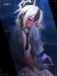  1girl alternate_hair_length alternate_hairstyle black_choker black_hair black_necktie blue_archive blue_jacket blurry blurry_background blush breasts choker closed_eyes closed_mouth collarbone commentary ear_piercing groin hair_between_eyes halo highres jacket kayoko_(blue_archive) long_sleeves manli multicolored_hair naked_jacket navel necktie piercing purple_wings recording short_hair single_wing sleeves_past_fingers sleeves_past_wrists small_breasts smelling solo steam stomach sweat tattoo twitter_username two-tone_hair upper_body white_hair wings 
