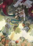  1girl adam_(mythology) anjo_nala anjo_nala_(forbidden_fruit) apple black_hair book_of_genesis closed_eyes closed_mouth commentary demon_girl demon_horns dress english_commentary eve_(mythology) flower food from_above fruit green_horns green_tail hair_flower hair_ornament hand_on_own_cheek hand_on_own_face highres holding holding_food holding_fruit horns kristina_agatha lizard_tail long_hair lying multicolored_tail on_stomach painting_(object) red_tail reverse:1999 smile solo tail tree_shade upper_body white_dress white_flower 
