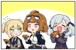  3girls ^_^ ^o^ absurdres bare_shoulders belt black_gloves blush braid breasts chibi closed_eyes detached_sleeves drooling earpiece eyebrows_visible_through_hair eyewear_on_head flying_sweatdrops girls_frontline gloves green_eyes grizzly_mkv_(girls_frontline) highres hot_dog jacket jacket_on_shoulders long_hair multiple_girls necktie nemomo purple_eyes short_hair spas-12_(girls_frontline) sunglasses thick_eyebrows twintails two_side_up vest welrod_mk2_(girls_frontline) 